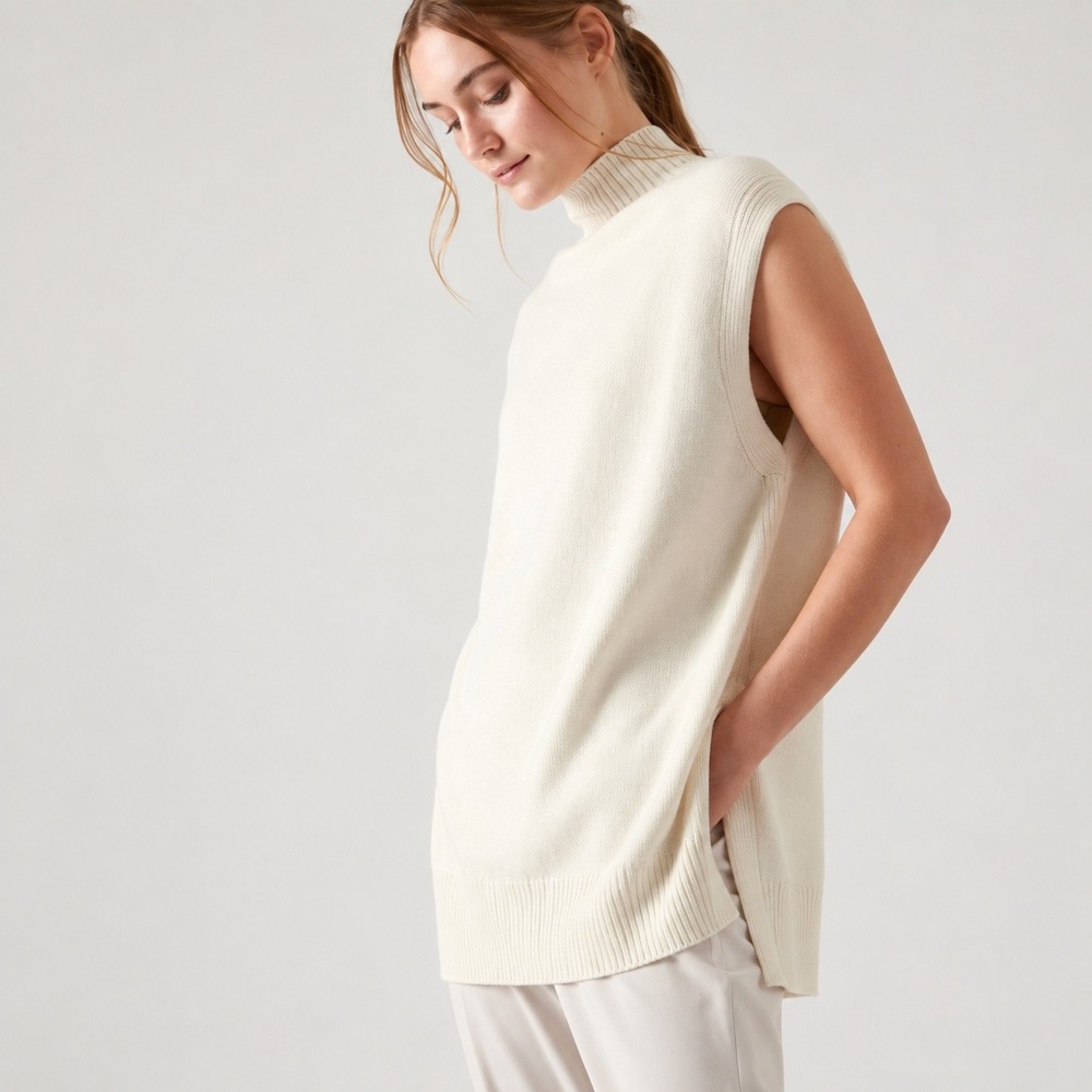 Athleta Wool Cashmere Sweater Womens Large Mock Neck White Tunic Sleeveless